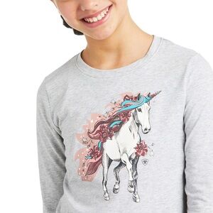 NWT-Ariat Girls Gray Unicorn Long Sleeve Organic Cotton Tee- 10037353-Large/12